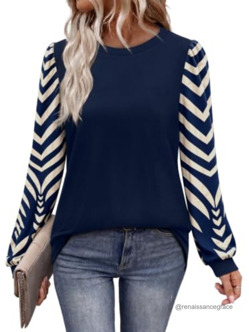 Womens Long Sleeve Color Block Tunic Top Puff Sleeve Crew Neck Fall